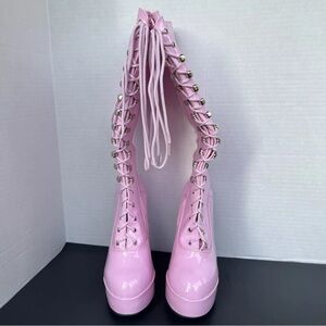 Ellie Pink 5” High Heels Platform Stripper Pole Dance Shoes Lace Up Knee Size 8